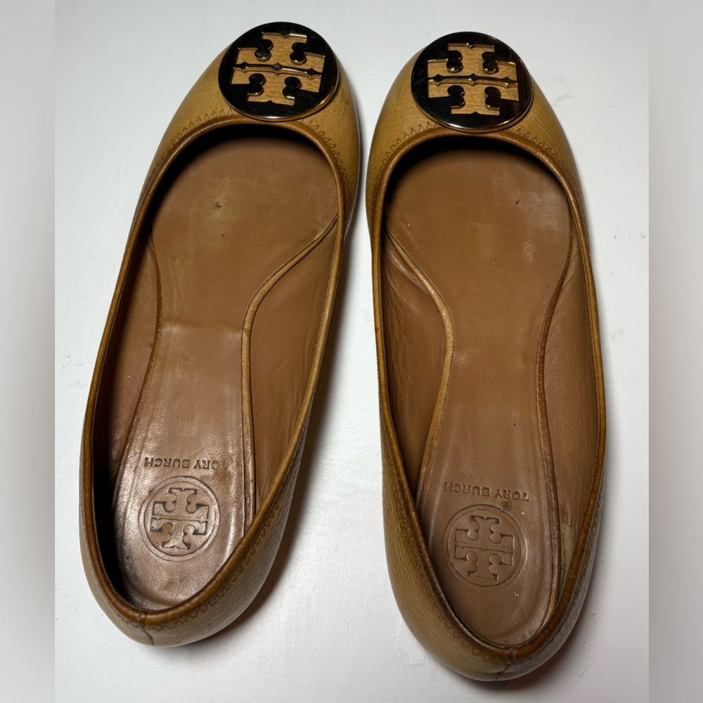 Tory Burch Tan Leather Logo Ballet Flats with Black Medallions